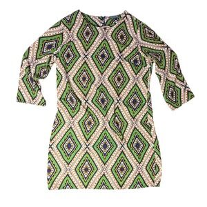 Soprano Mini Dress Diamond Print 3/4 Sleeve Casual‎ Green Brown Size L